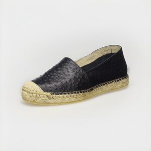 Fabiolas Espadrille Leather Women’s Sz 6.5 black ostrich-embossed Flats Shoes 37